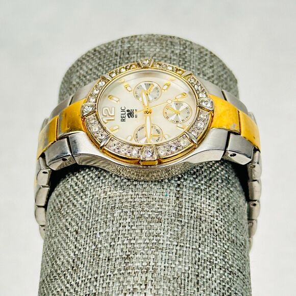 Relic Wet Watch Womens 31mm Crystal Bezel Day Date Two Tone 6.5" New Battery - Picture 2 of 11